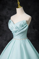 Blue Tulle Strapless Pleats Beading Prom Dress