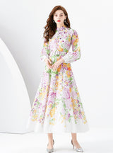 Retro Palace Lantern Sleeve Printed Long Dress