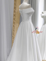 A-Line White Satin Pleats Wedding Dress