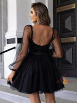 Black Tulle Long Sleeve Short Party Dress