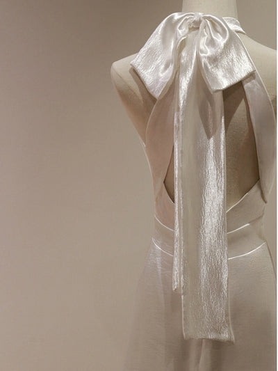 White Pleats Halter Backless Wedding Dress