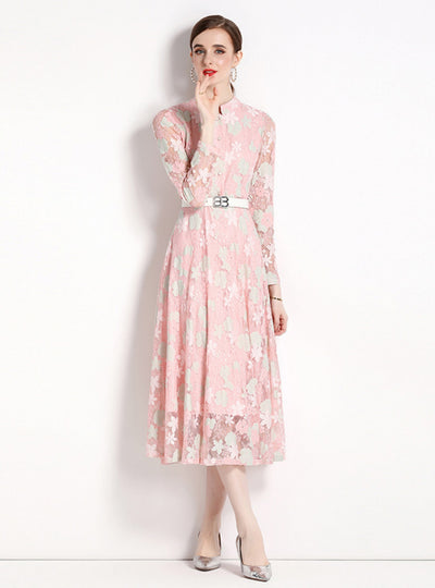 Pink Lace Long Sleeve Party Dress