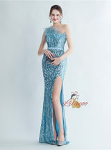 Mermaid Sequins One Shoulder Beading Split Prom Dress