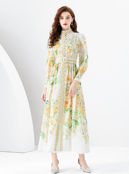 Retro Print Lantern Sleeves Dress