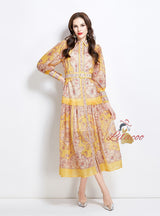 Retro Lapel Print Slim Long Dress