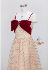 Apricot Polka-dot Contrast Bow Sling Slim Dress