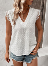 V-neck Lace Stitching Sleeveless White Shirt