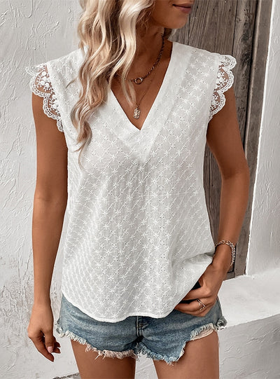 V-neck Lace Stitching Sleeveless White Shirt
