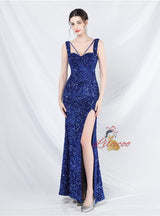 Sequins Split Straps Sleeveless Prom Dress