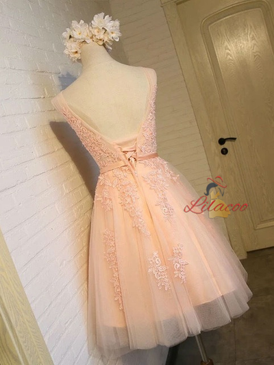 Orange Tulle Appliques V-neck Homecoming Dress