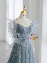 Blue Tulle Sequins Straps Prom Dress