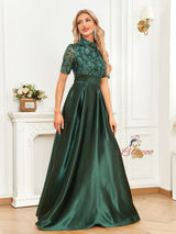 Short Sleeve Satin High Neck Prom Dress