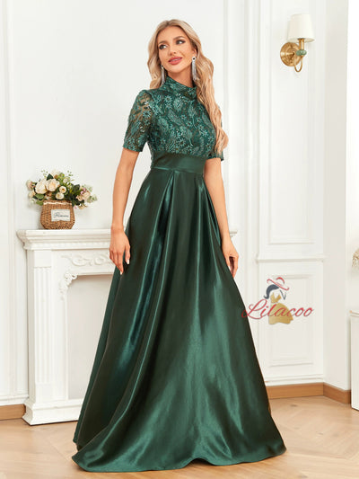 Short Sleeve Satin High Neck Prom Dress