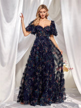 Floral Short-sleeved Slim Party Dress