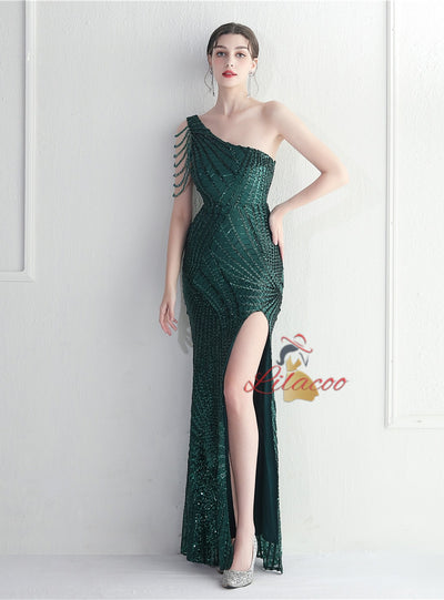 One Shoulder Sequins Beading Split Prom Dress