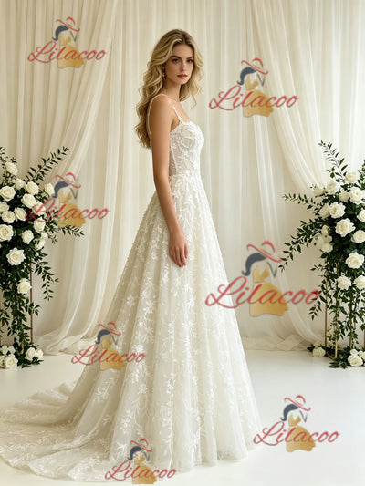 A-line Lace Spaghetti Straps Wedding Dress