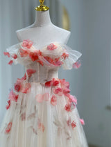 Champagne Tulle 3D Flower Prom Dress