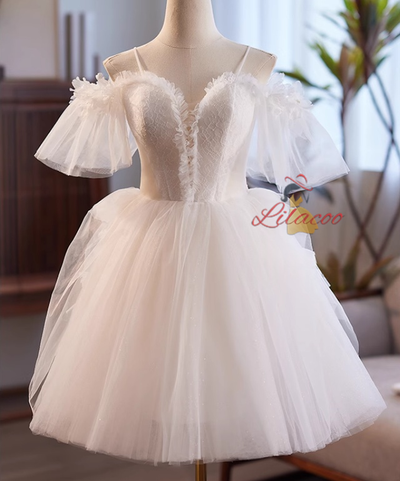 White Tulle Lace Spaghetti Straps Wedding Dress