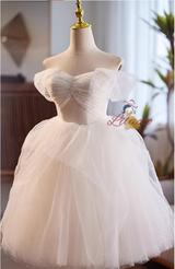 White Tulle Pearls Pleats Wedding Dress
