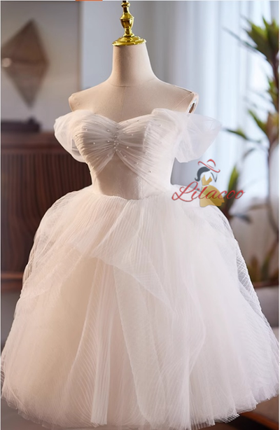 White Tulle Pearls Pleats Wedding Dress