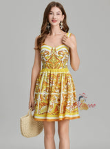 Retro Printed Suspender Short Dress