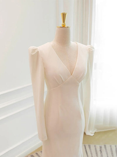 White Mermaid V-neck Long Sleeve Wedding Dress