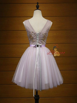 Purple V-neck Tulle Beading Homecoming Dress
