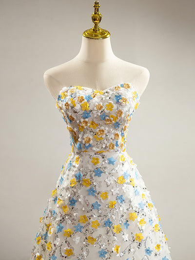 White Tulle Sequins Flower Prom Dress