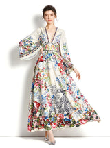 V-neck Slim Flared Sleeve Printed Long Dress