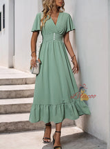 Green V-neck Short Sleeve Button Dress