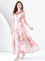 One-shoulder Pleated Wooden Ear Printed Dress