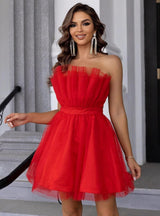 Red Tulle Straps Mini Dress