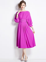 Bat Sleeve High Waist Pleated Dress with Belt