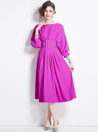 Bat Sleeve High Waist Pleated Dress with Belt