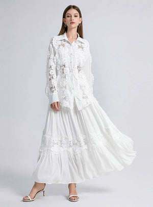 Lace Openwork Shirt+Skirt Two-piece Suit