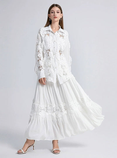 Lace Openwork Shirt+Skirt Two-piece Suit