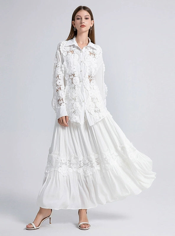 Lace Openwork Shirt+Skirt Two-piece Suit