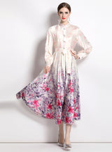 Long Sleeve Satin Vintage Printed Dress