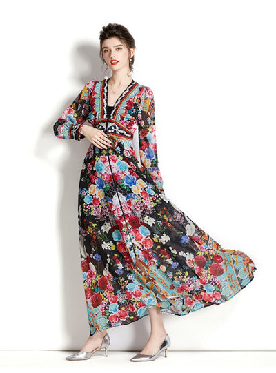 Long Sleeve Lantern Sleeve Printed Dress