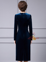 Simple Blue Velvet Long Sleeve Mother Of The Bride Dress