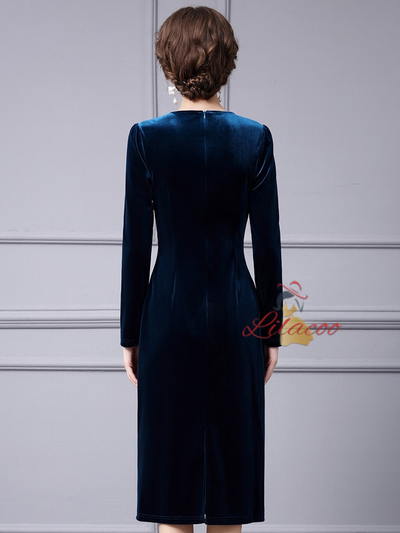 Simple Blue Velvet Long Sleeve Mother Of The Bride Dress