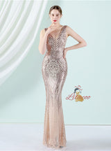 V-neck Mermaid Sequins Sleeveless Prom Dress