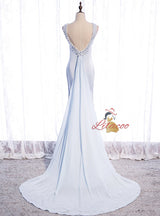 Light Blue Mermaid Beading Backless Prom Dress