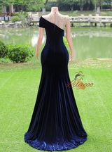 Navy Blue Mermaid Velvet Sequins Beading Prom Dress