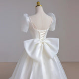 White Organza Puff Sleeve Bow Wedding Dress