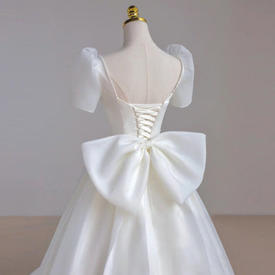 White Organza Puff Sleeve Bow Wedding Dress