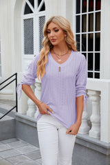 Button V-neck Solid Color Loose T-shirt