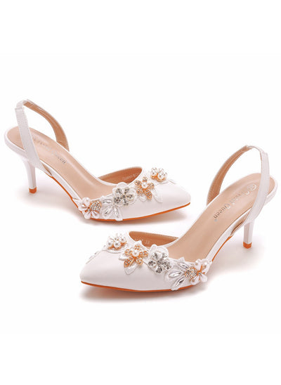 Shallow White Lace Beaded Stiletto Sandals