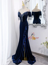 Navy Blue Velvet Beading Prom Dress