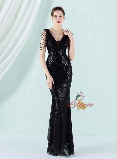 Mermaid V-neck Sequins Beading Prom Dress